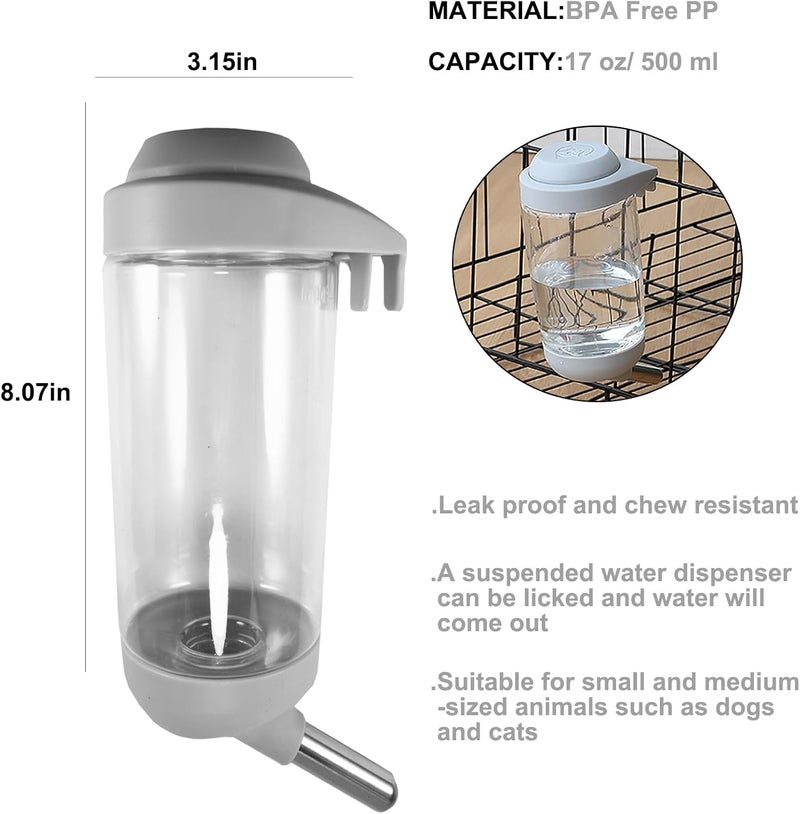 DEEUCHIS Dog Crate Water Bottle - 17 oz No Drip Kennel Pet Water Dispenser, Easy-to-Use Cage Water Bottle for Dogs, Cats, Small Animals, 500ML, Grey - Image 2